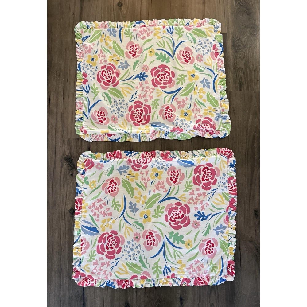 Southern Tide Kiawah Floral Pillow Shams (2) Reversible Pink Green Stripe Ruffle